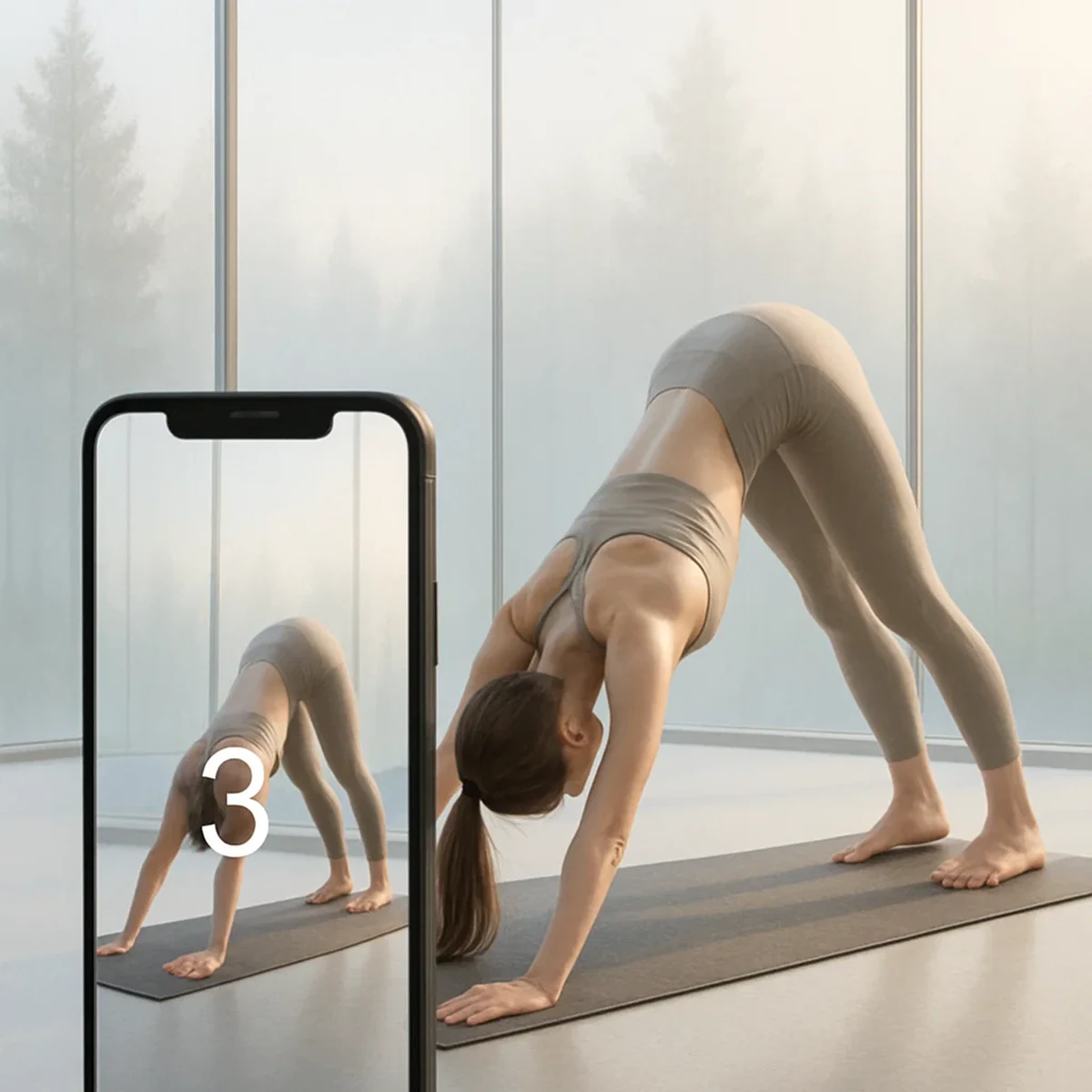 Downward dog pose with phone countdown – Vissou yoga coach